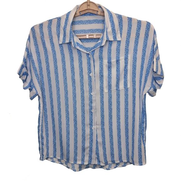 Womens Blue White Striped Print Batwing Sleeve Pocket Blouse Top S - Picture 1 of 11